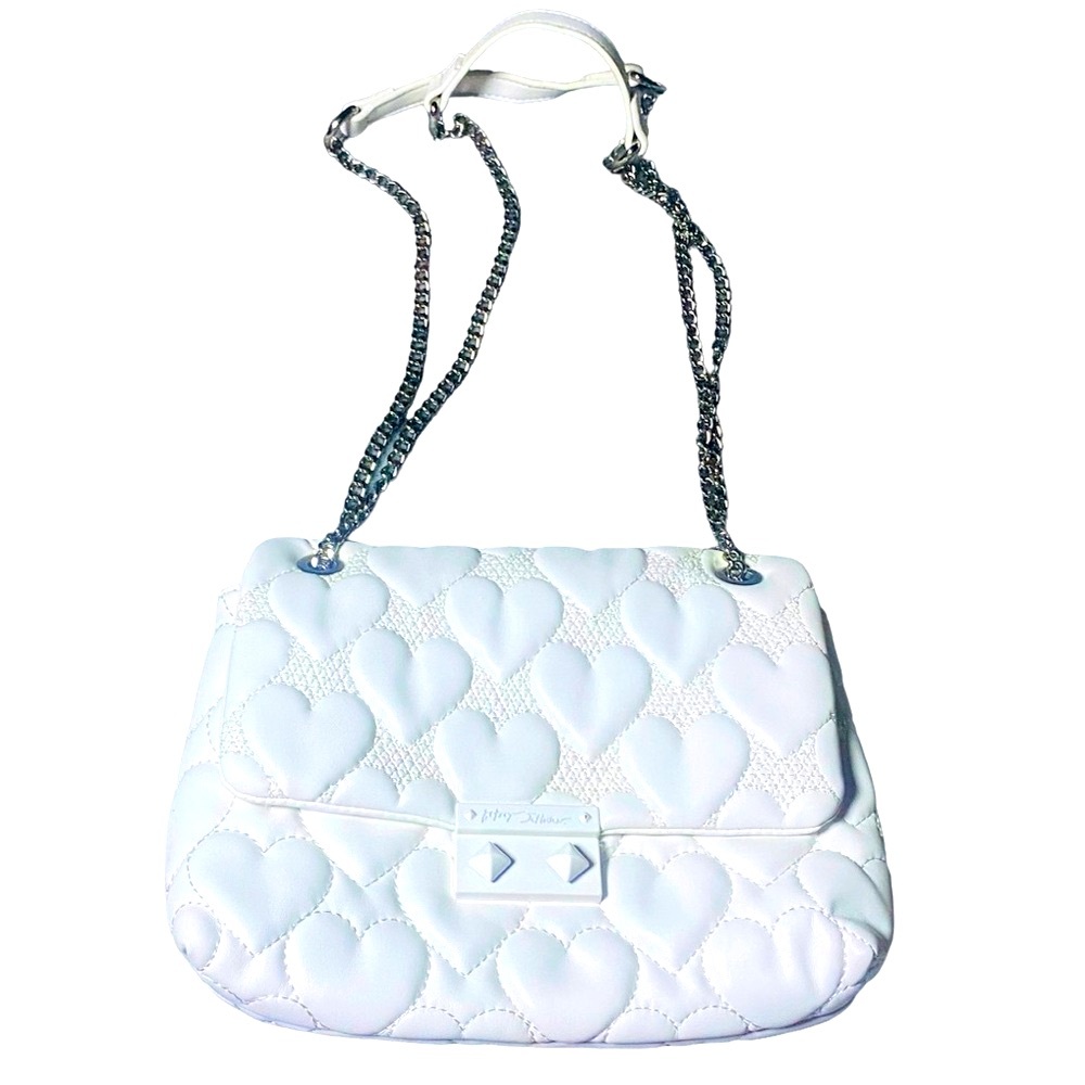 Betsey Johnson Handbag dusty lavender, hearts, silver chain handle, slide open